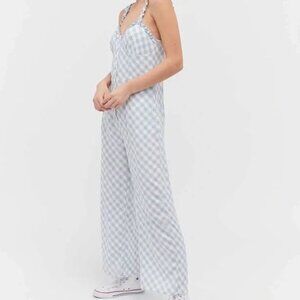Urban Outfitters Sky Blue Ivory Gingham Print Elastic Spaghetti Strap Jumpsuit